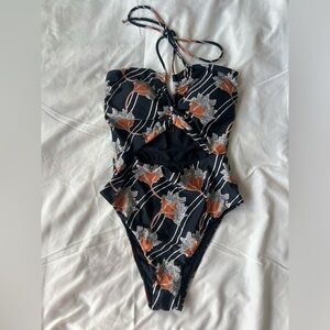 Chic Black and Orange Floral Women Swim One Piece